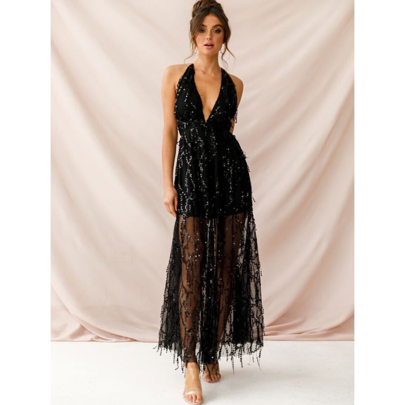 Women Birthday Maxi Dresses Black Sleeveless V-Neck Vintage Long Dress Summer