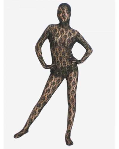 Unisex Halloween Morph Suit Black Transparent Lace Velvet Jacquard Zentai Suit