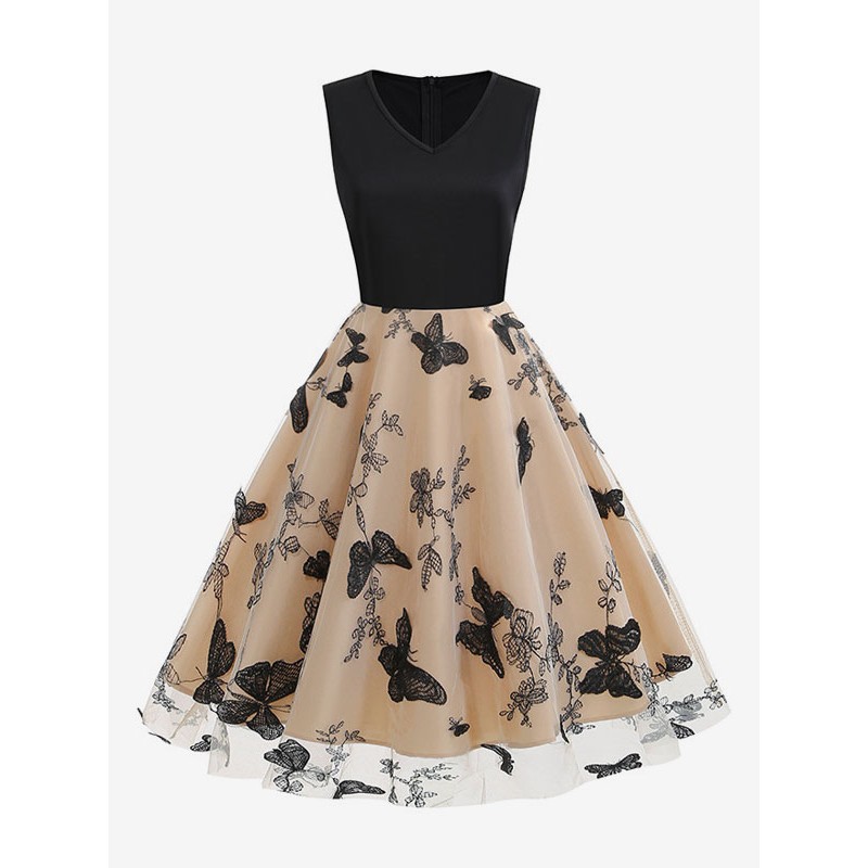 Dress 1950s Audrey Hepburn Style Black Two-Tone Layered Embroidered Sleeveless V-Neck Rockabilly Dress Vintage Retro Summer