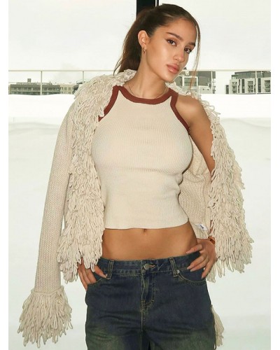 Women Cardigans Long Sleeves Fringe Short Fall Spring Sweaters Chic  Modern Casual