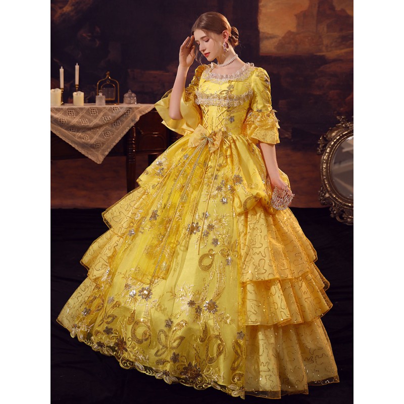 Women Gold Costumes Polyester Dress Marie Antoinette Costume 's Masquerade Ball Gown Royal Retro Gothic Euro-Style