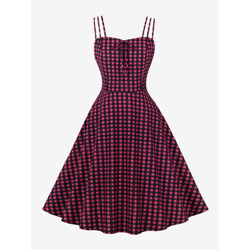Women Retro Dress 1950s Audrey Hepburn Style Sweetheart Neck Bows Sleeveless Plaid Knee Length Rose Swing Dress Bodycon Classic  Traditional Chic  Modern Casual Spring Summer Fall