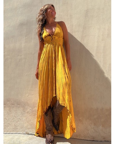 Boho Dress V-Neck Sleeveless Tie Dye High Low Design Beach Dress Maxi Bohemian Spring Summer
