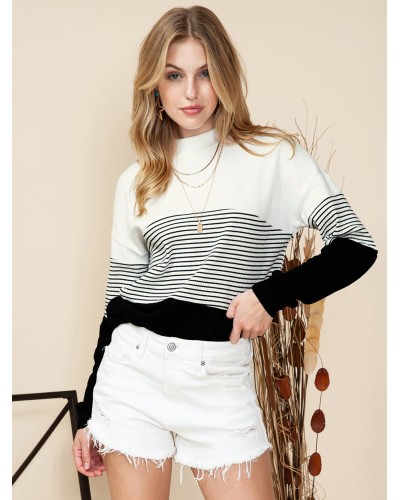 Women Pullover Sweater Black Color Block Jewel Neck Long Sleeves Polyester Sweaters Chic  Modern Casual Fall Winter