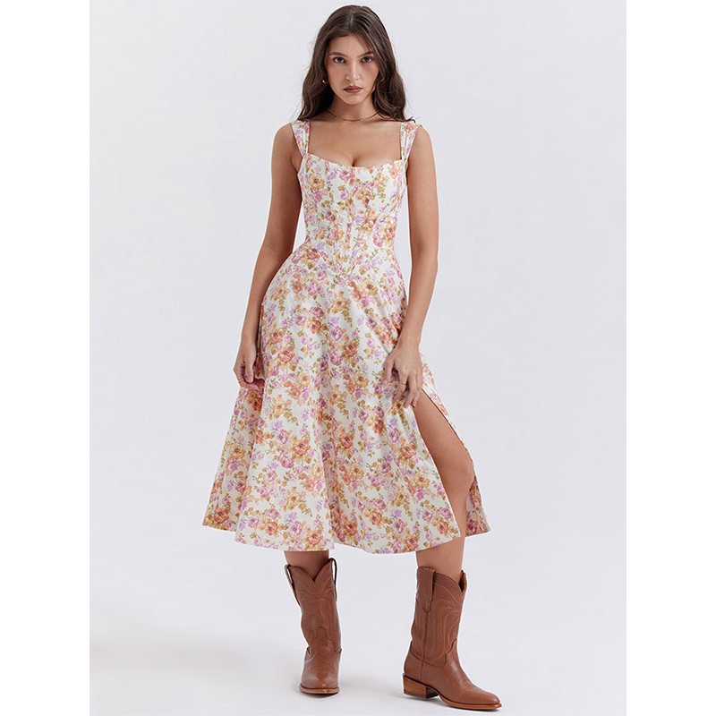 Floral Midi Dresses Backless Split Front U-Neck Sleeveless Lace-up Side Slit Chic Dress Bodycon Summer