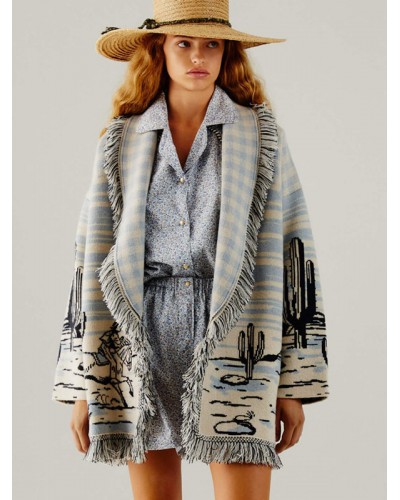 Women Sweaters Cardigans Black Wool Blend Printed Fringe Long Sleeves Turndown Collar Oversized Chic  Modern Casual Bohemian Street Wear Daily Casual Field