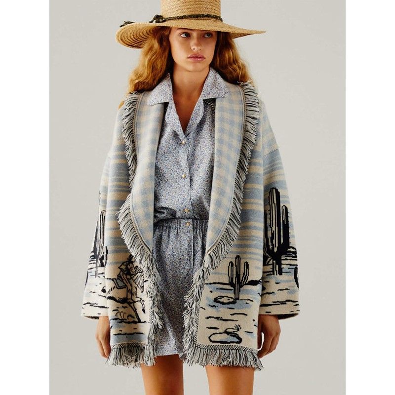 Women Sweaters Cardigans Black Wool Blend Printed Fringe Long Sleeves Turndown Collar Oversized Chic  Modern Casual Bohemian Street Wear Daily Casual Field