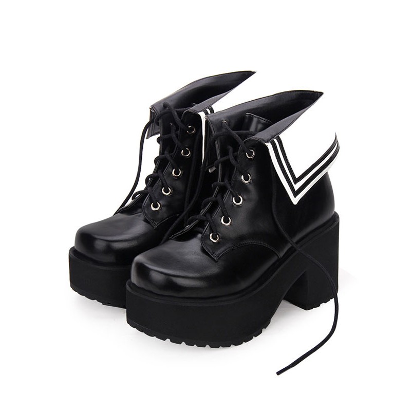 Classic Lolita Boots Lace Up Two Tone Round Toe Platform Lolita Footwear Shoes