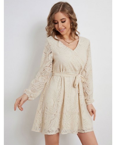 Lace Up V-Neck Long Sleeves Lace Dresses Vintage Daily Casual