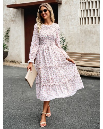 Floral Dress Layered Jewel Neck Long Sleeves Fall Midi Dress Bodycon Daily Casual