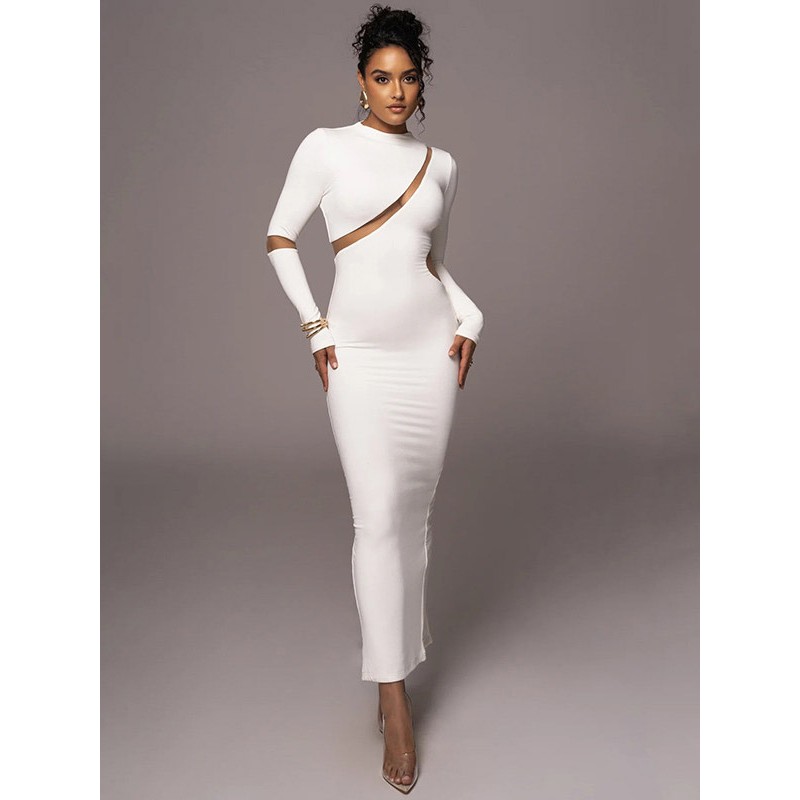 Dresses White Long Sleeves Split Front Chic Jewel Neck High-slit Slim Fit Dress Sheath Dress Bodycon Street Wear Party Dating