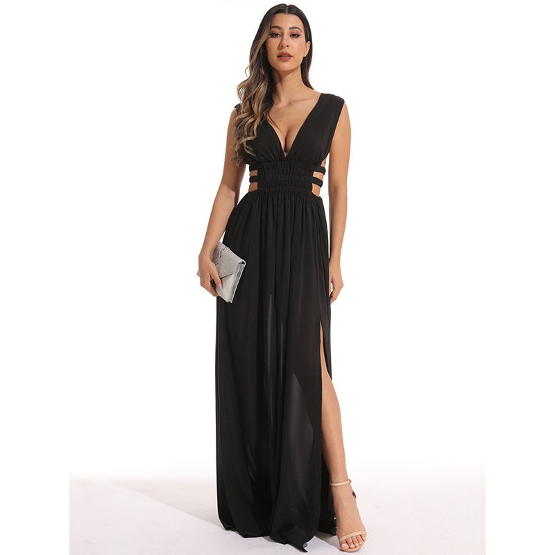 Dresses White V-Neck Split Front Sleeveless High-slit Semi Formal Dress Summer Party Resort Wear