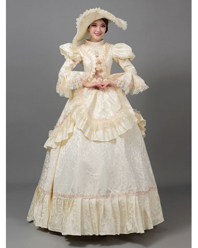 Women Beige Retro Costumes 's Floral Print Lace Ruffles Polyester Hat Dress Marie Antoinette Costume 18th Century Costume Tunic Vintage Euro-Style