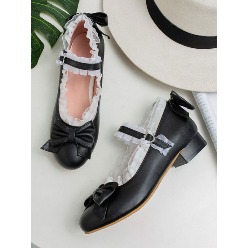 Sweet Lolita Footwear Bows Lace Round Toe Leather Lolita Pumps Daily Casual