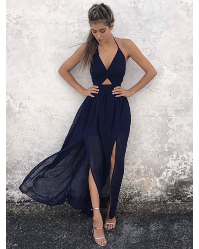 Women Dress Halter Twisted Long Split Backless Dark Navy Chiffon Sexy Dress Maxi Beach