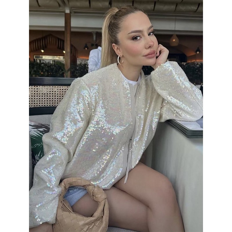Women 's Jackets Jewel Neck Zipper Sequins Jacket Casual Street Wear Night Out Daily Casual
