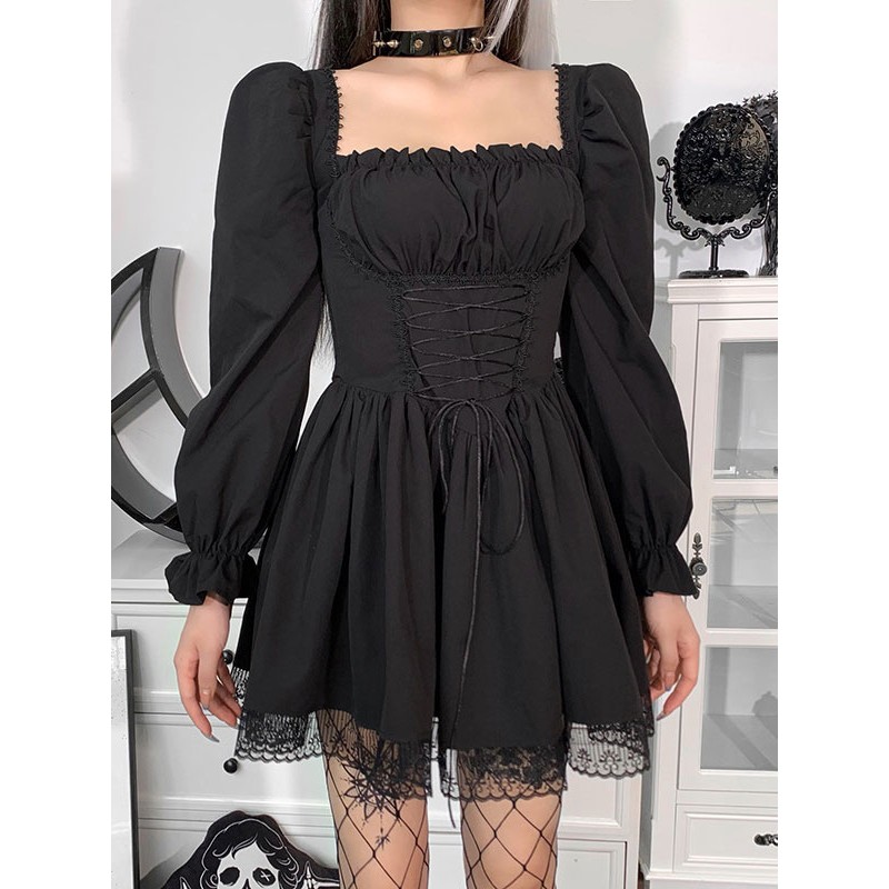 Women Midi Dress Black Square Neck Long Sleeves Lace Pleated Polyester Dress Gothic Cosplay
