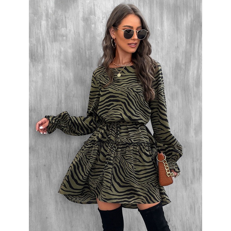 Mini Dresses Green Zebra Print Long Sleeves Short Dress Chic  Modern Spring Fall