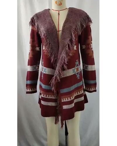 Women Knitted Cardigans Hooded Black Red Long Sleeves Tassel Open Front Acrylic Printed Bohemian Gypsy Relaxed Fit Spring Fall Street Outerwear Casual Street Wear Field