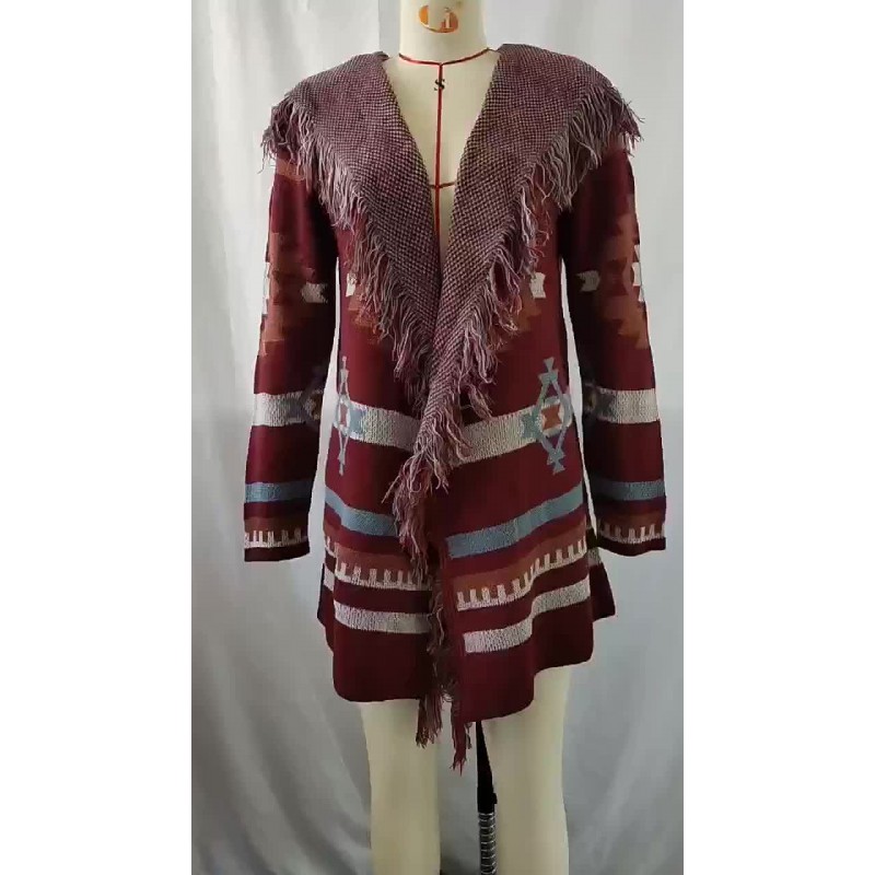 Women Knitted Cardigans Hooded Black Red Long Sleeves Tassel Open Front Acrylic Printed Bohemian Gypsy Relaxed Fit Spring Fall Street Outerwear Casual Street Wear Field