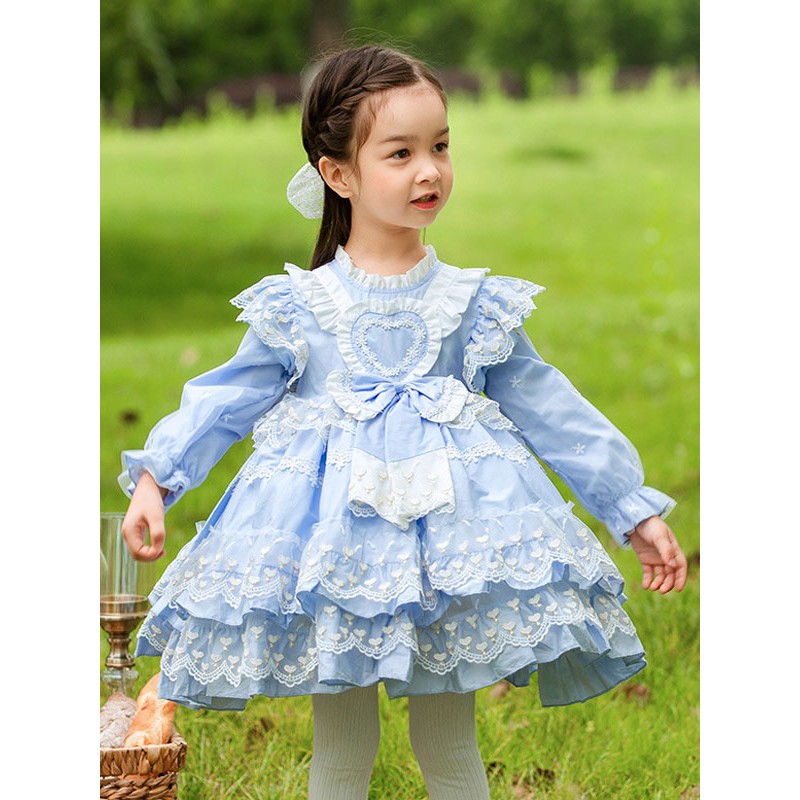 Polyester Tea Party Lace Long Sleeves Cotton Summer Dress Hearts Pattern Style Light Sky Blue Kids' Lolita Dresses Sweet ROCOCO