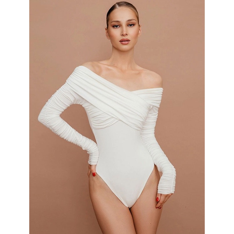 Women Bodysuit Bateau Neck Pleated Backless Top Chic  Modern Casual Spring Fall