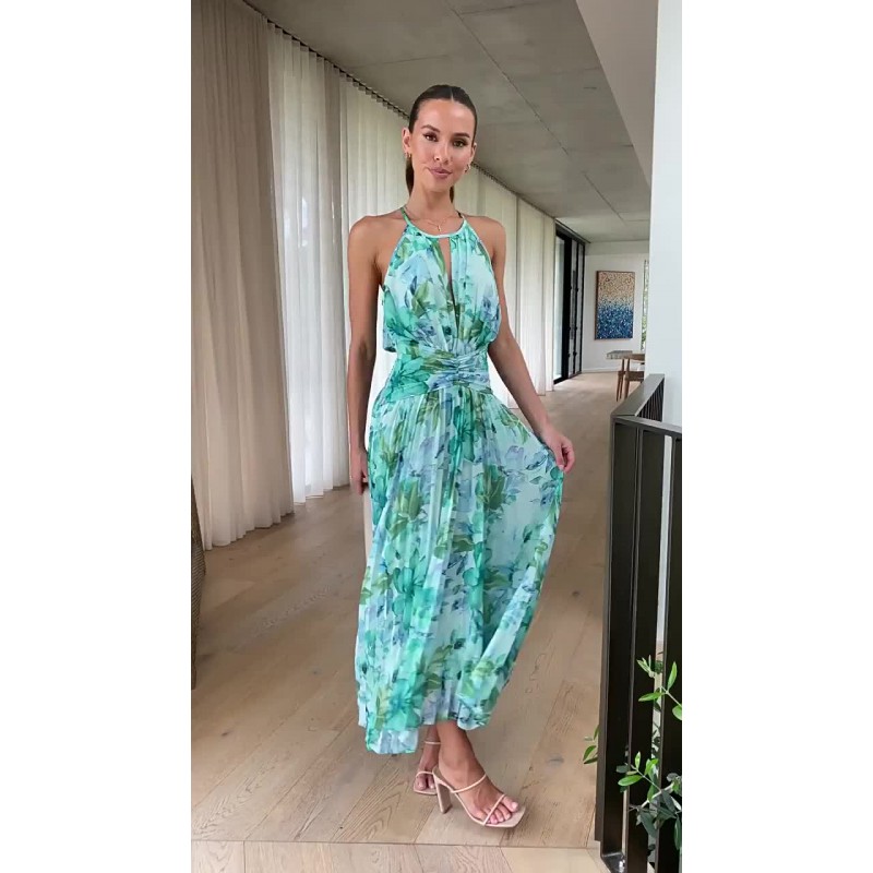 Print Maxi Dresses Floral Sleeveless Halter Layered Pleated Backless Long Summer Dresses Sexy Elegant Party Resort Wear