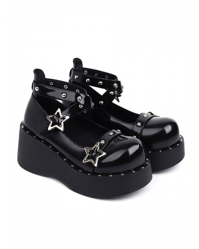 Lolita Footwear Black PU Leather Wedge Heel Lolita Shoes Academic Daily Casual