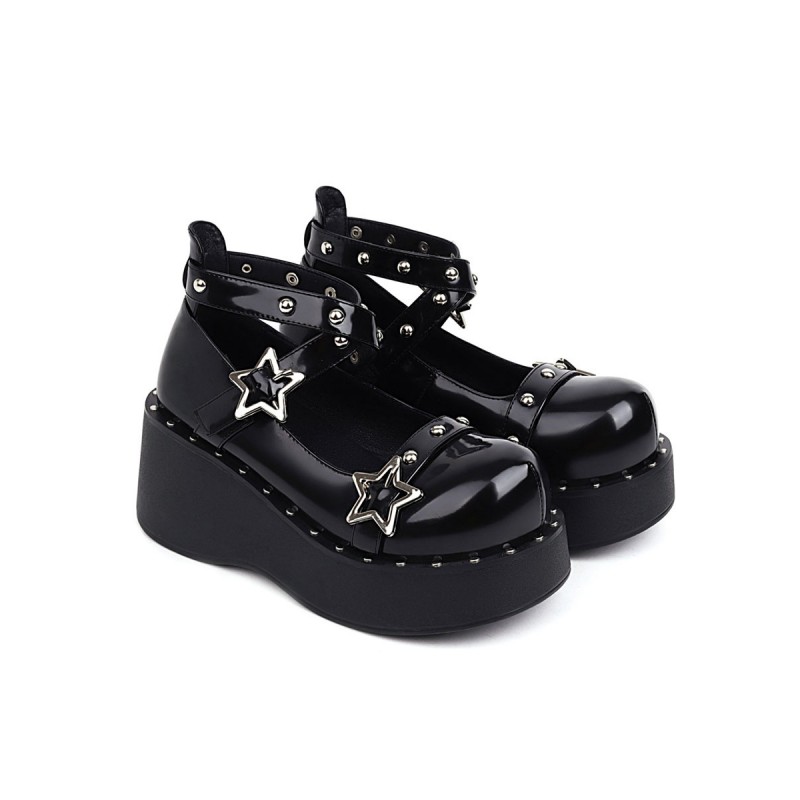 Lolita Footwear Black PU Leather Wedge Heel Lolita Shoes Academic Daily Casual