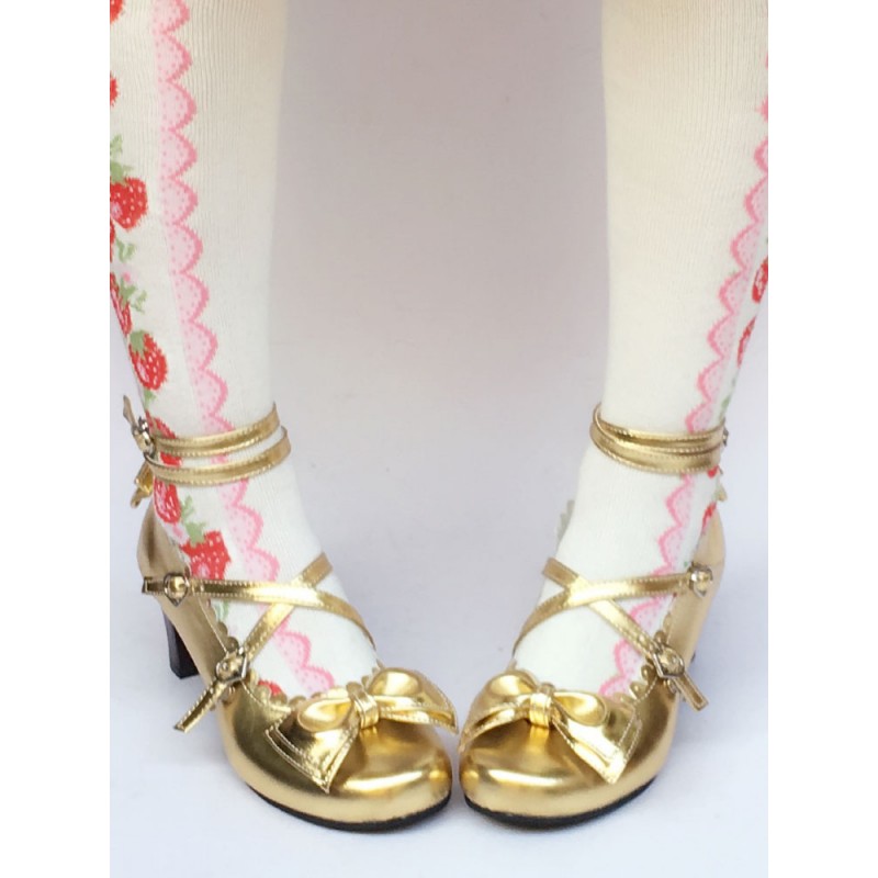 Gold Lolita Shoes Chunky Heel Ankle Strap Sweet Lolita Pumps Shoes