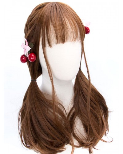 Classic Lolita Wigs Deep Brown Long Straight Blunt Bangs Curls At Ends Synthetic Hair Wigs Tea Party