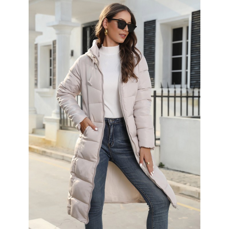 Women Cotton Coat Zipper Solid Long Slim Hooded Parkas Quilted Coat Fall Winter Street Wear Daily Casual