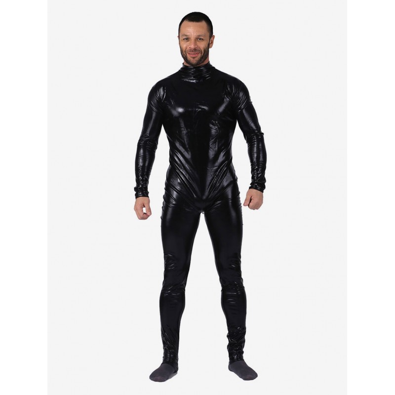 Men Halloween Black Catsuit Shiny Metallic Catsuit Costume Solid