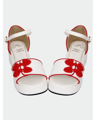 White Qi Lolita Sandals Platform Red Chinese Style Buttons Lovely Halloween