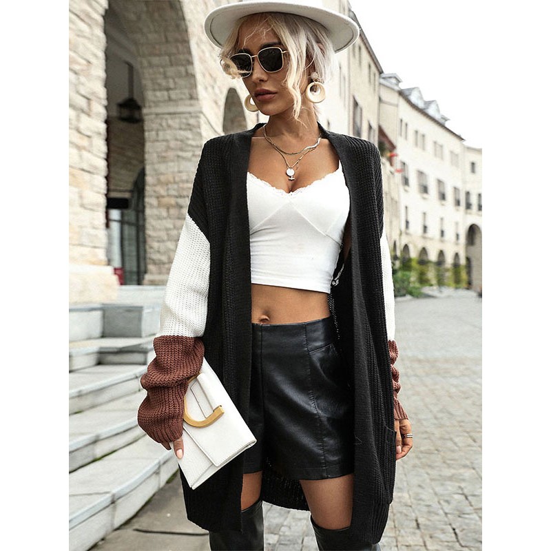 Sweaters Cardigans Black Color Block Long Sleeves Casual