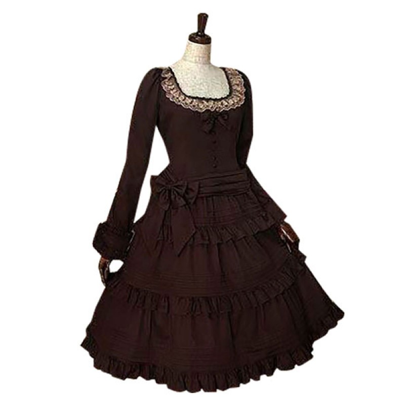 Lolita Dress OP Square Neckline Ruffles Long Sleeve Court Dress In Dark Brown Gothic Tea Party