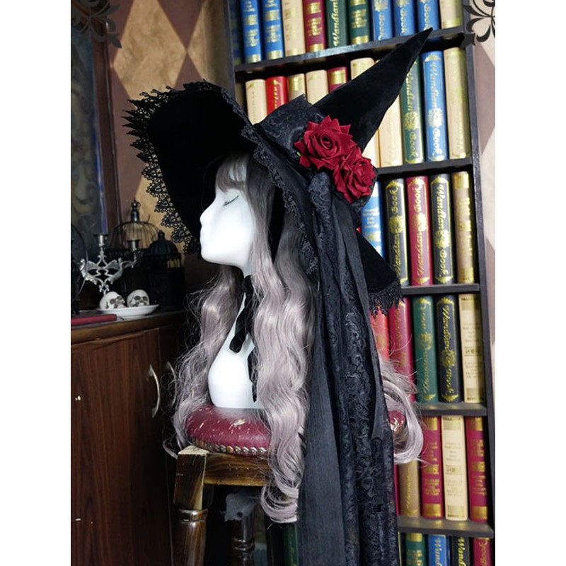 Black Lolita Hat Rose Bows Lace Accessory Witch Hat Lace Bow Polyester Lolita Accessories Daily Casual Tea Party