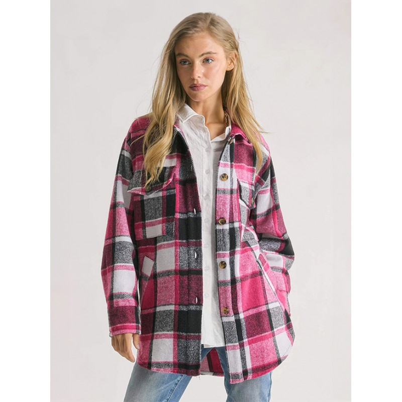 Women's Jackets Turndown Collar Plaid Oversized Front Button Pockets Street Wear Rose Winter Jacket Chic  Modern Casual