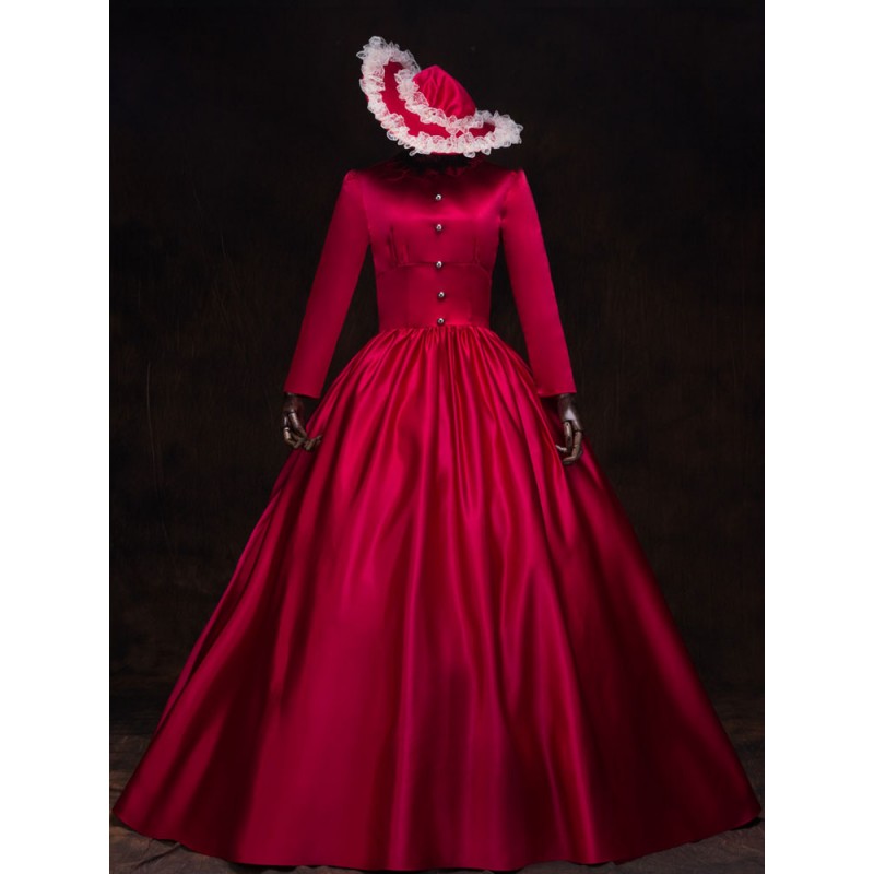 Victorian Dress Costume Women's Red Baroque Masquerade Ball Gowns Long Sleeves Stand Collar With Hat Victorian Era Clothing Retro Costume Royal Mardi Gras Halloween