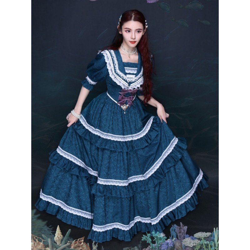 Classical Lolita OP Dress Blue Gray Lace Ruffles Short Sleeves Lolita One Piece Dress