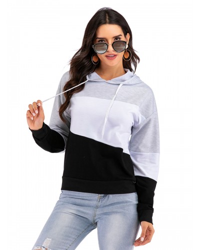 Women Hoodie Grey Long Sleeves Color Block Cotton Classic Winter Hooded Sweatshirt Cozy Active Outerwear