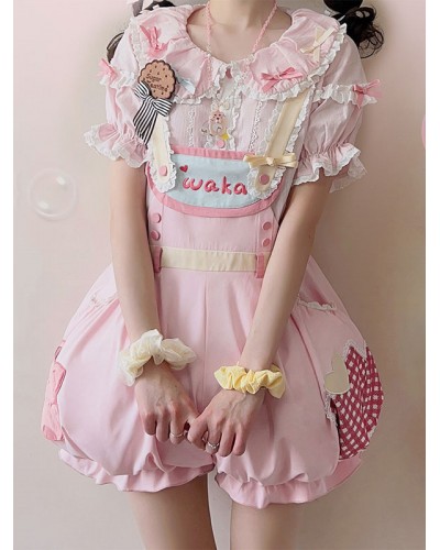 Lolita Outfits Pink Short Sleeves Jumpsuit Top Sweet