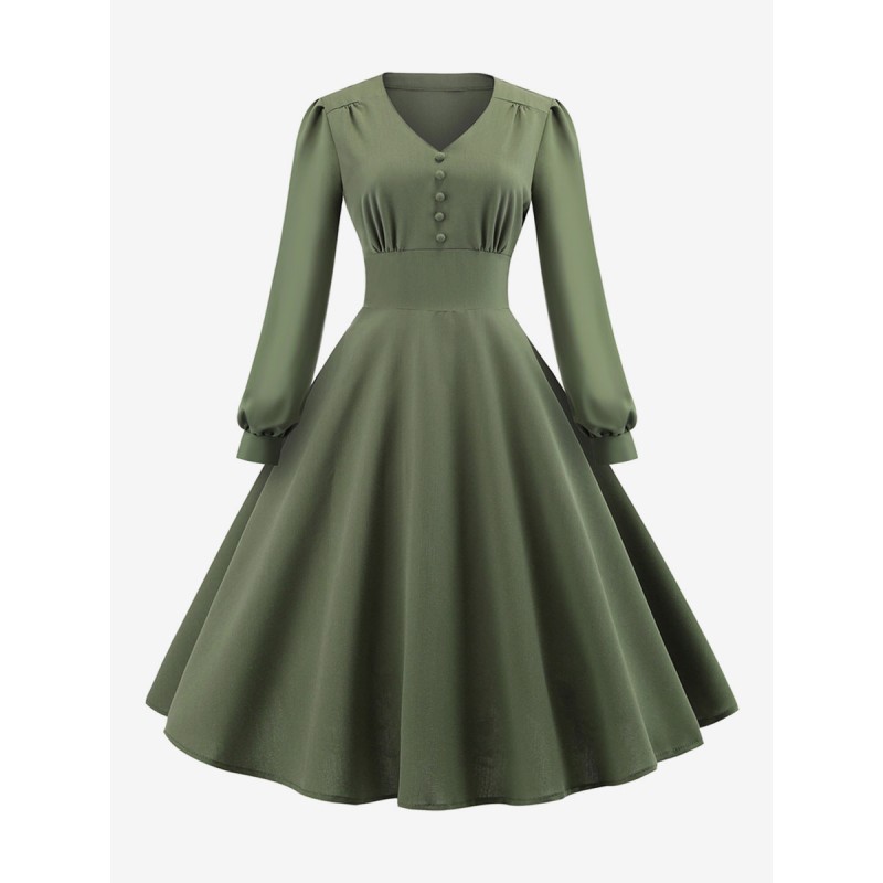 Dress 1950s Audrey Hepburn Style V-Neck Layered Long Sleeves Medium Swing Dress Vintage Daily Casual