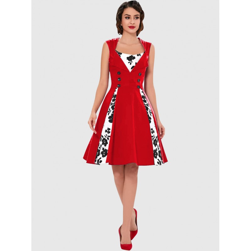 Red Vintage Dress Square Neckline Sleeveless Floral Printed Skater Dress With Buttons Fashionable Dress Summer