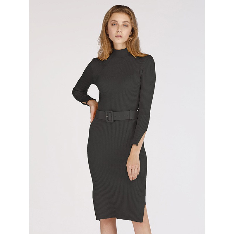 Knitted Dress Mock Neck Long Sleeves Belted Pencil Dresses Sweater Indoor Street Wear Daily Casual