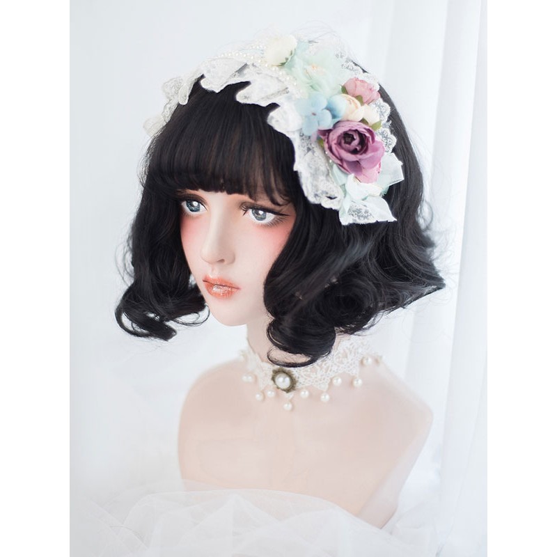 Black Lolita Wig Blunt Bang Full Volume Curl Tousled Short Lolita Wig Wigs Harajuku Fashion