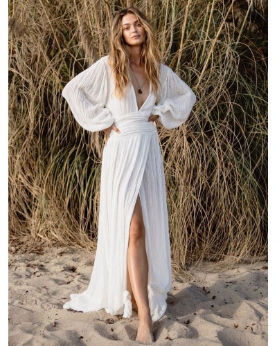 Maxi Dress V-Neck Long Sleeves High-slit Long Dress Bohemian Beach Resort Wear