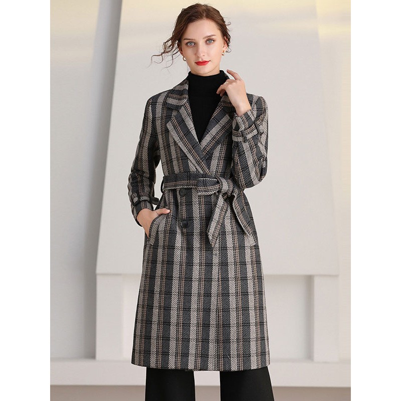 Women Woman Coat Plaid Turndown Collar Sash Chic Outerwear Trench Coats Fall Winter Street Wear Daily Casual Field