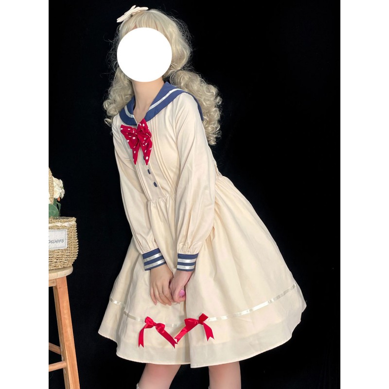 Sweet Lolita Dress Polyester Long Sleeves Bows Navy Style Dress Lolita Dress