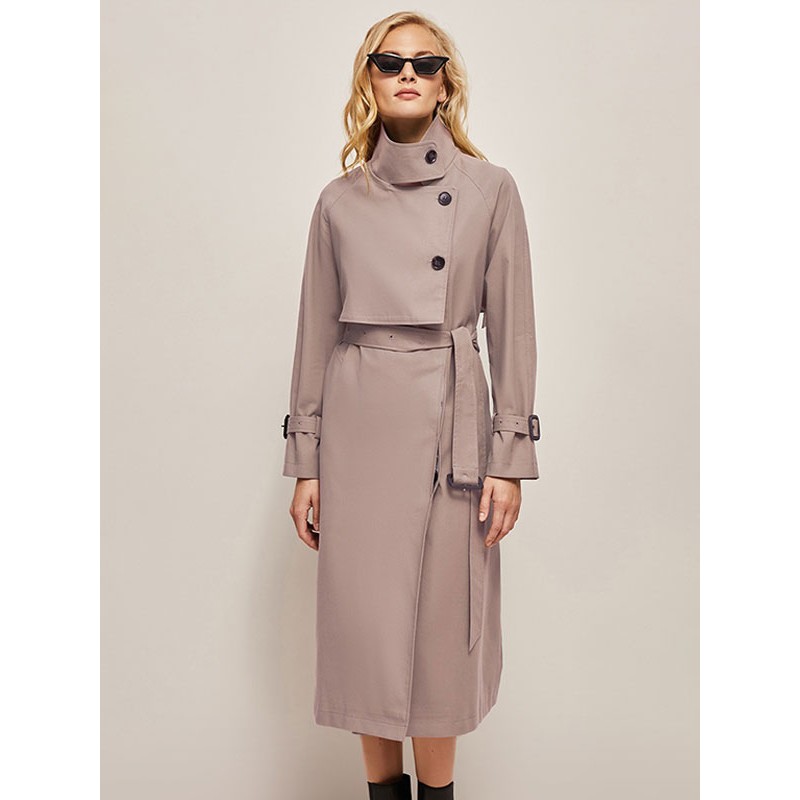 Trench Coat For Woman Pink Turndown Collar Asymmetrical Outerwear Trench Coats Spring Fall